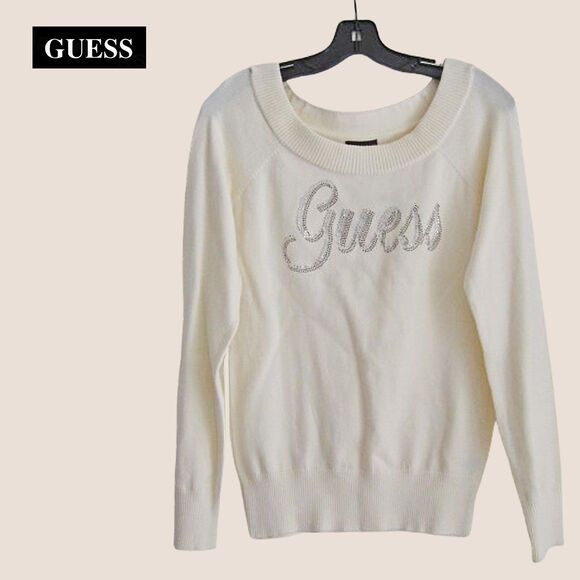 GUESS NEW Crystals Signature Logo Ribbed Trim Pullover Sweater S - Picture 1 of 12